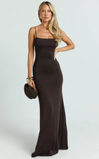 Edna Maxi Dress - Straight Neck A Line Maxi Dress in Choc