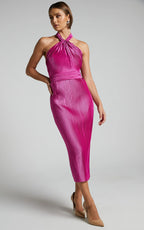 Marlette Midi Dress - Pleated Open Back Halter Dress in Grape
