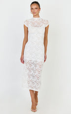 Emma Midi Dress - Lace Cap Sleeve Bodycon Dress in White