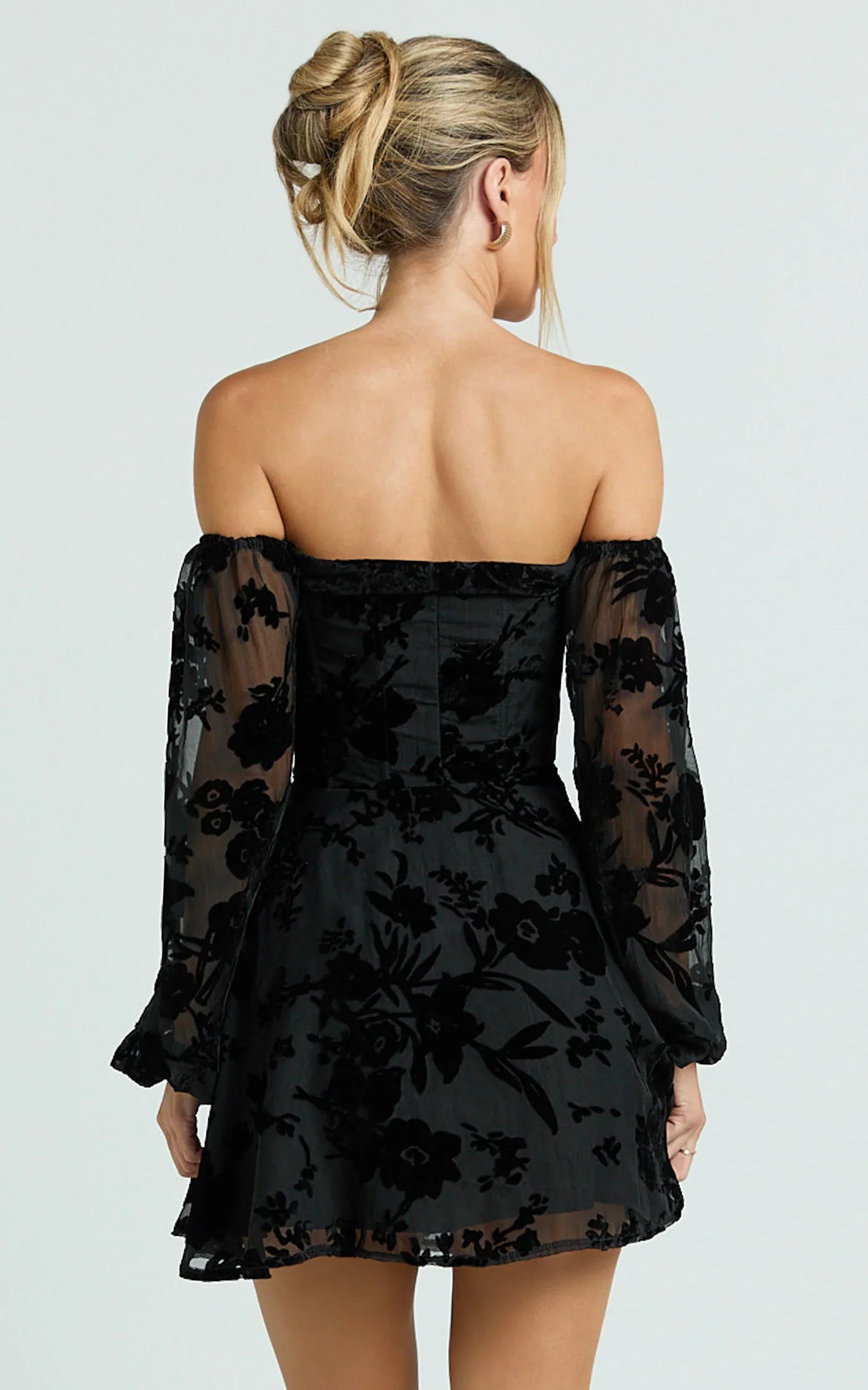 Jessell Mini Dress - Long Sleeve Cowl Corset Dress in Ebony Burnout