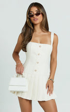 Calissa Mini Dress - Boucle Square Neck Drop Waist Pleated Dress in Cream