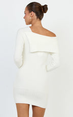 Tess Mini Dress - Asymmetric Off Shoulder Long Sleeve Knit Dress in Cream