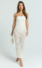 Emilee Midi Dress - Strapless Jersey Bodysuit Sheer lace Column Dress in White