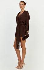Ariette Mini Dress - Plunge Neck Fringe Detail Belt Dress in Chocolate