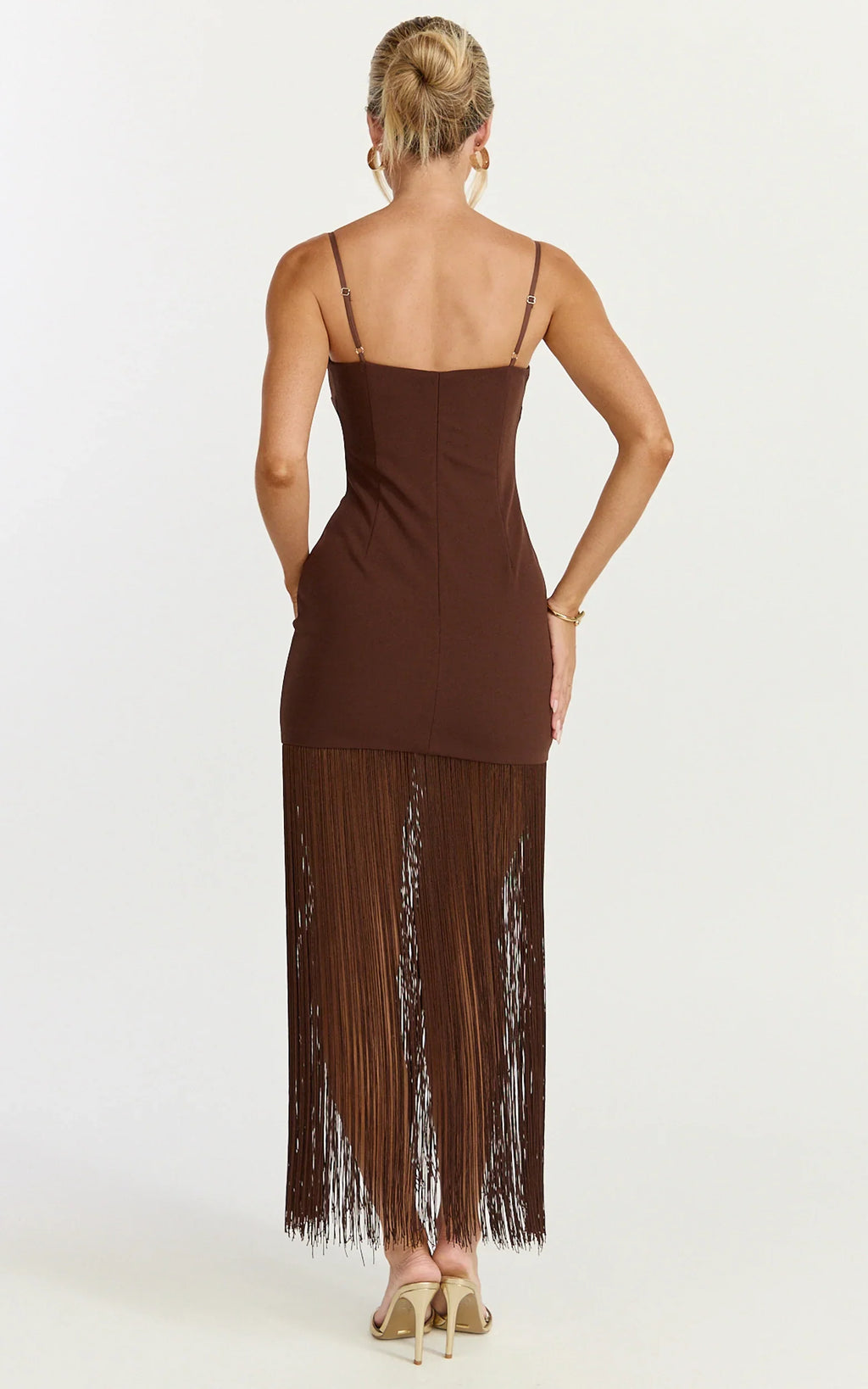 Evie Maxi Dress - Crepe Fringed Shift Dress in Chocolate