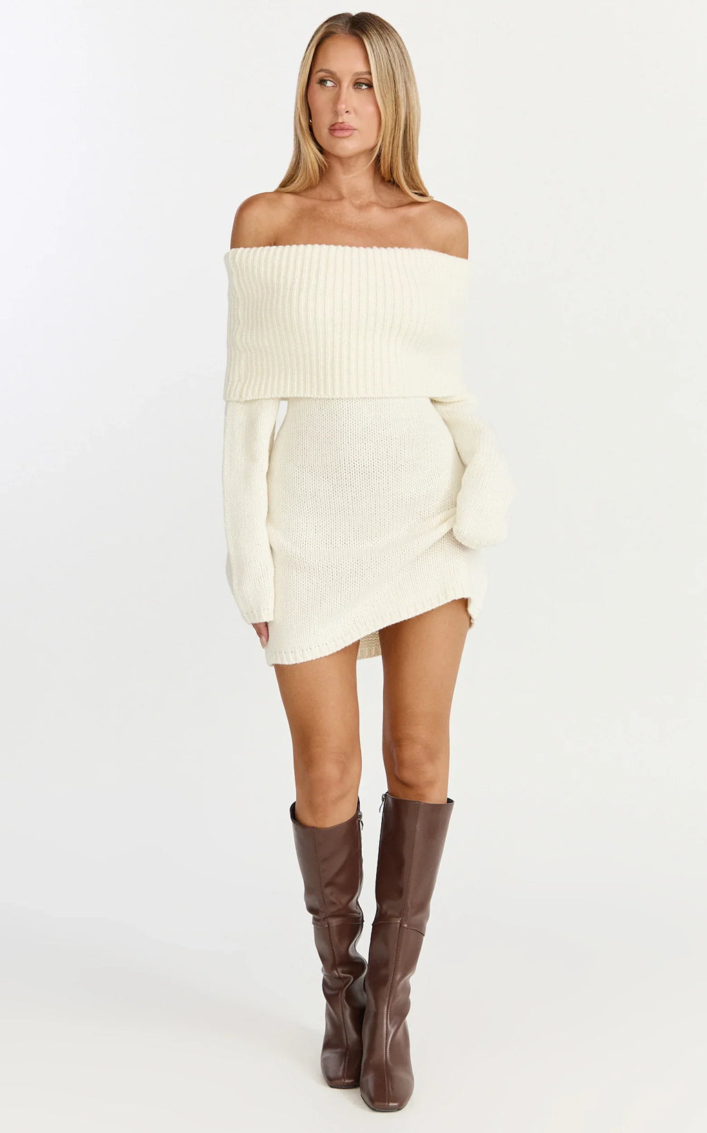 Erin Mini Dress - Cable Knit Off Shoulder Long Sleeve Dress in Cream