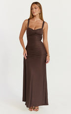 Roxanne Maxi Dress - Sweetheart Neck Gathered Bodycon Dress in Chocolate