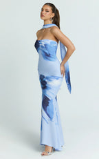Angie Maxi Dress - Strapless Bias Column Dress with Scarf in Blue Print
