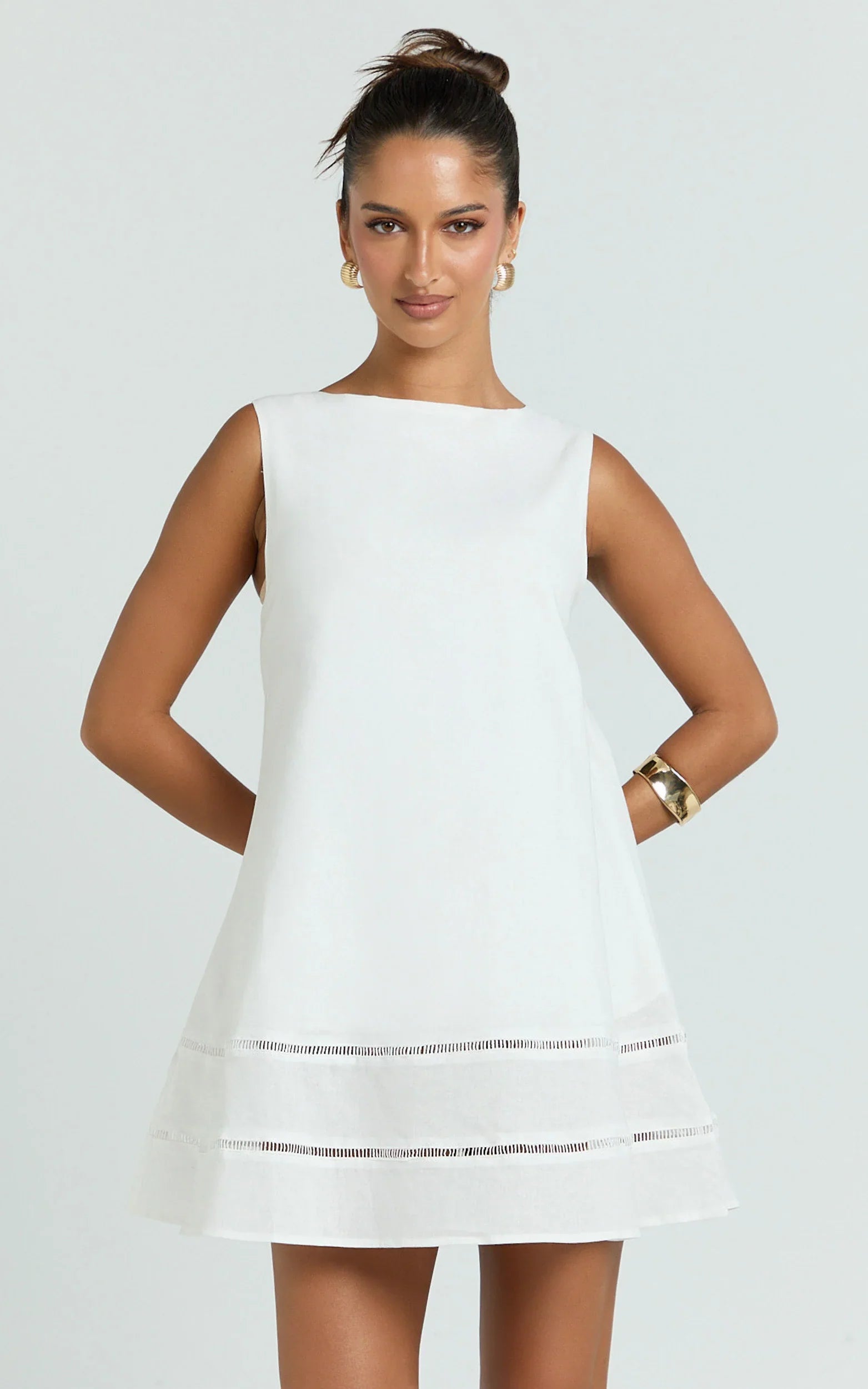 Kara Mini Dress - High Neck Sleeveless A Line Dress in White