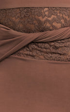 Alberta Maxi Dress - Spliced Sheer Lace Column Dress in Mocha