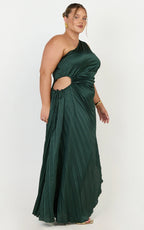 Kitsune Maxi Dress - One Shoulder Cut Out Dress in Emerald Green