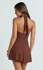 Sittie Mini Dress - Halterneck Linen Gold Trim A Line Dress in Chocolate