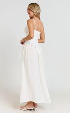 Jamilla Midi Dress - Plunge Drop Waist High Leg Split Dress in Off White