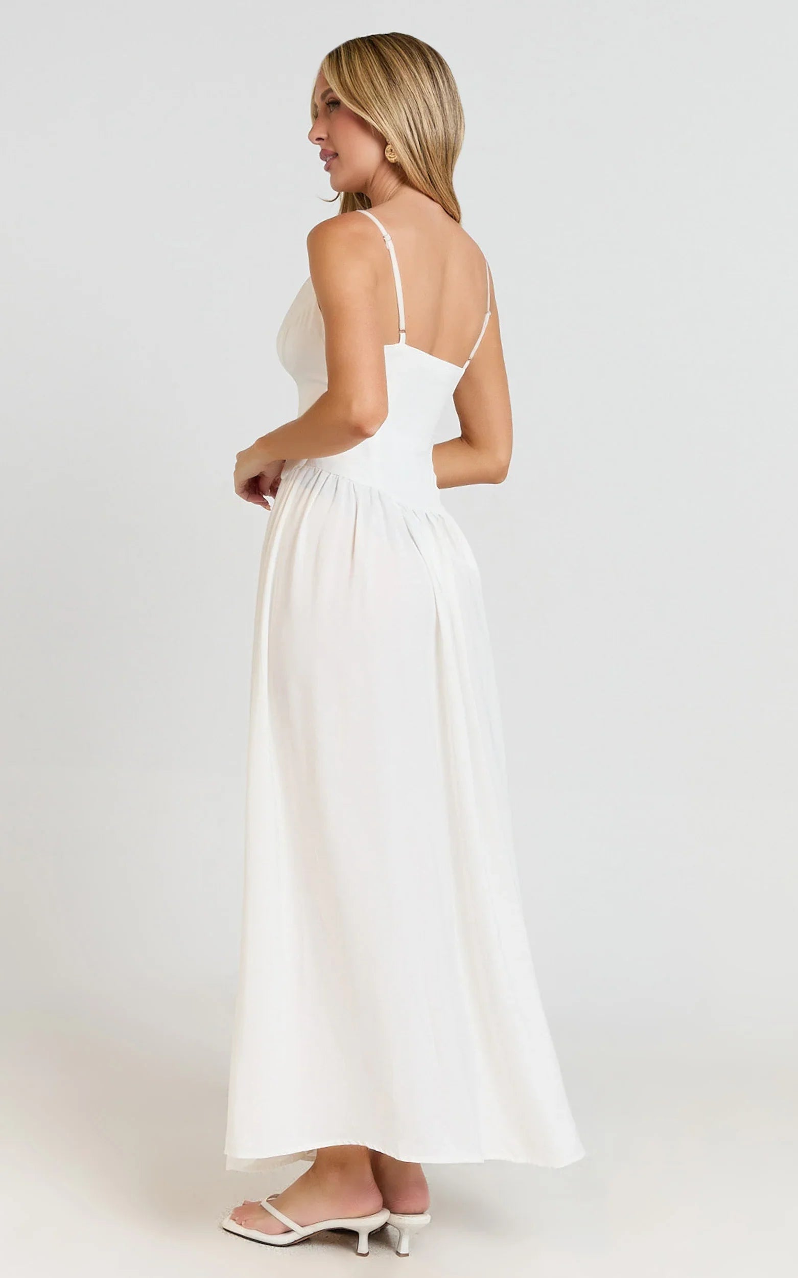 Jamilla Midi Dress - Plunge Drop Waist High Leg Split Dress in Off White