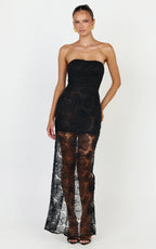 Lima Maxi Dress - Strapless Floral Embellished Column Dress in Black