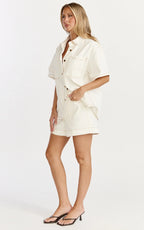 Iris Top - Oversized Recycled Denim Short Sleeve Shirt in Ecru with Contrast Tobacco Stitch