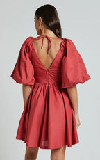 Amalie The Label - Penelopia Linen Look Blend Puff Sleeve Twist Bodice Mini Dress - In Vermilion