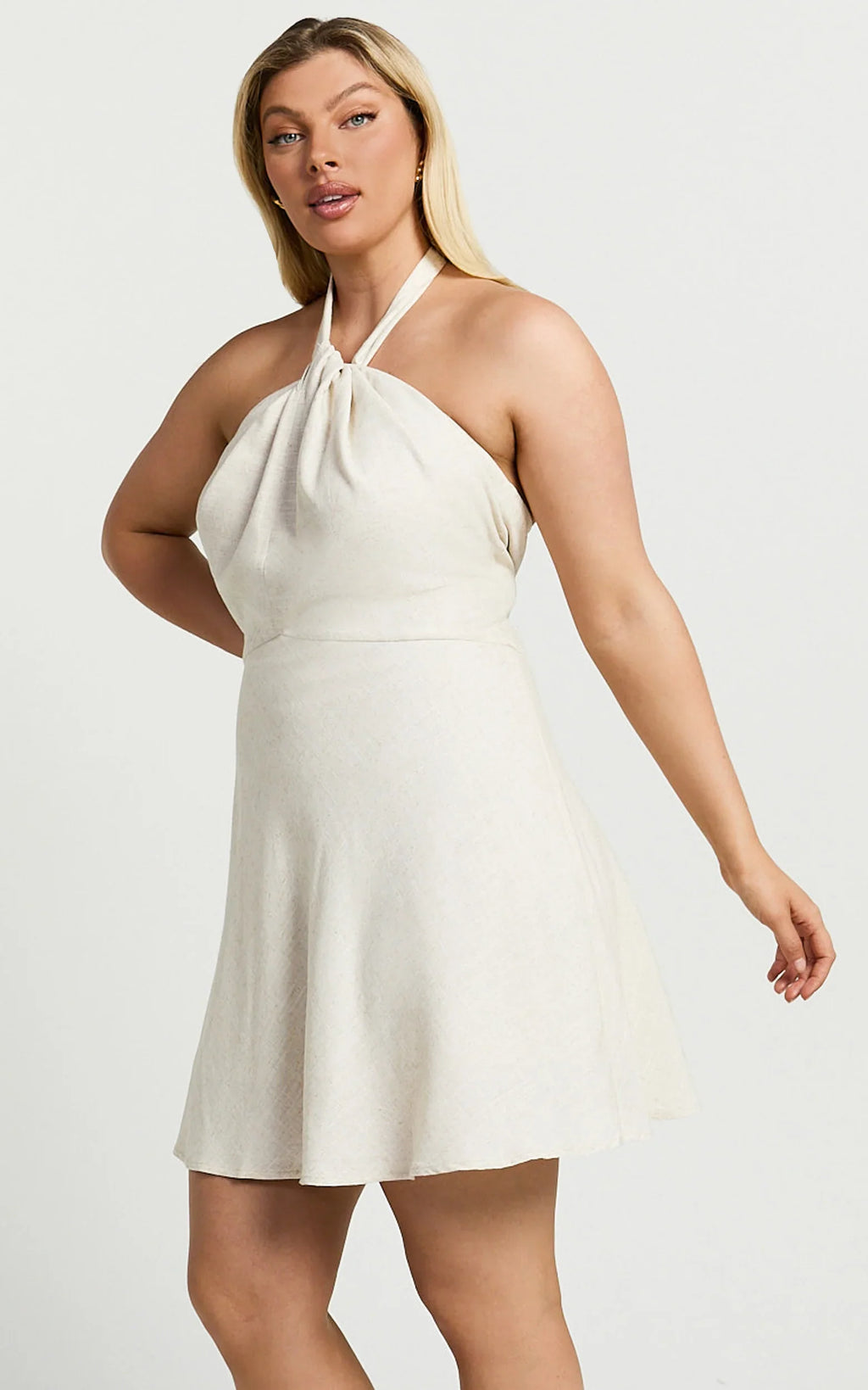 Louie Mini Dress - Linen Halter Neck Dress in Natural
