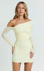 Imelda Mini Dress - Tipped Off Shoulder Long Sleeve Ruched Fitted Skirt Dress in Lemon
