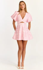 Rosalie Mini Dress - Floral Jacquard V Neck Fit and Flare Dress in Pink