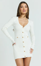 Nikka Mini Dress - Long Sleeve V Neck Bodycon Knit Dress in Cream