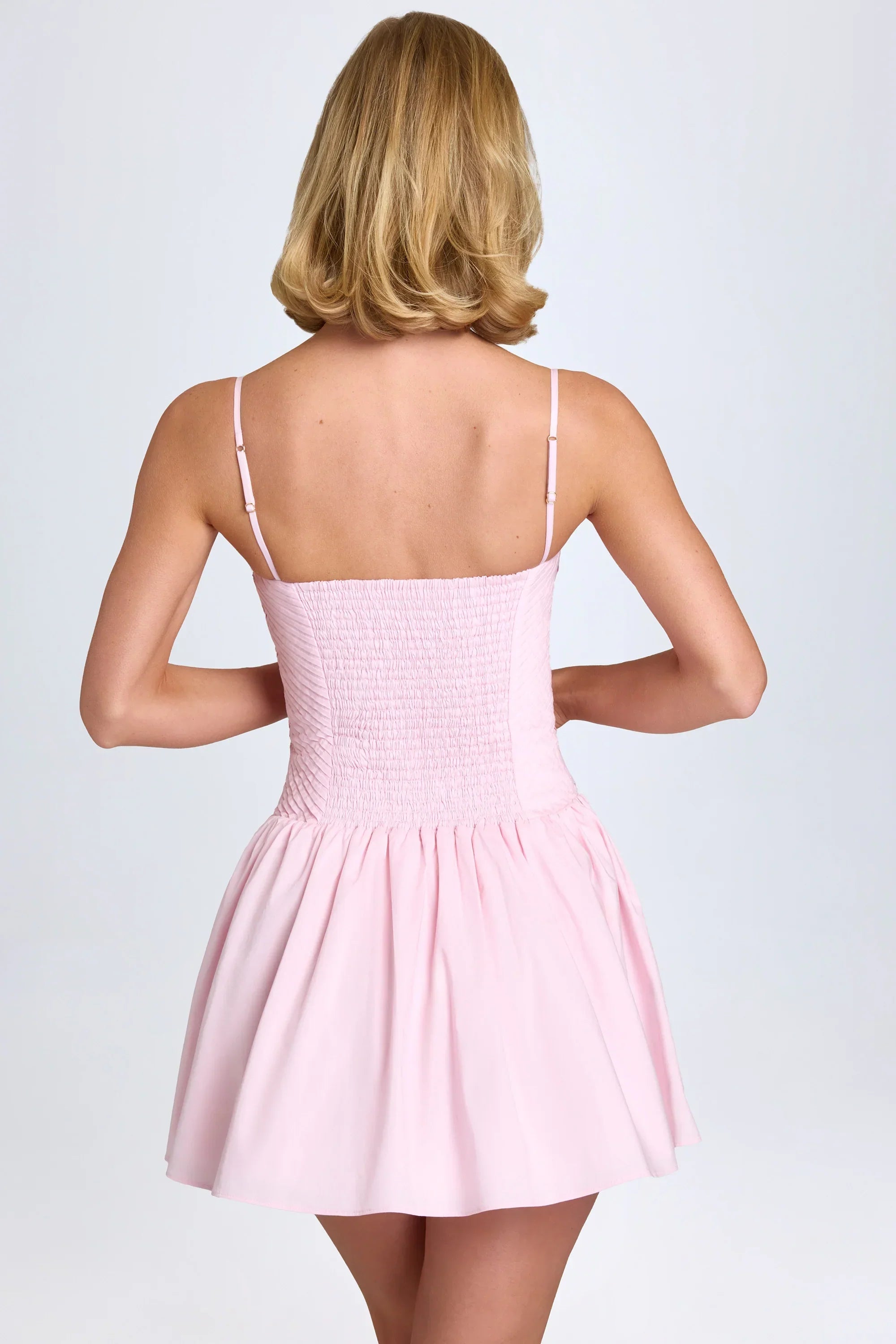 Pintucked Shirred Mini Dress in Blush