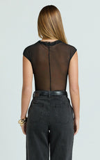 Brayden Bodysuit - High Neck Cap Sleeve Sheer Bodysuit in Black