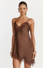 Iris Mini Dress - Lace Trim Asymmetrical Camisole Dress in Chocolate