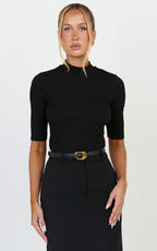 Tilda Top - High Neck Short Sleeve Fitted Top in Black
