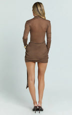 Walters Mini Dress - Polo Neck Long Sleeve Ruche Sash Band Jersey Dress in Brown