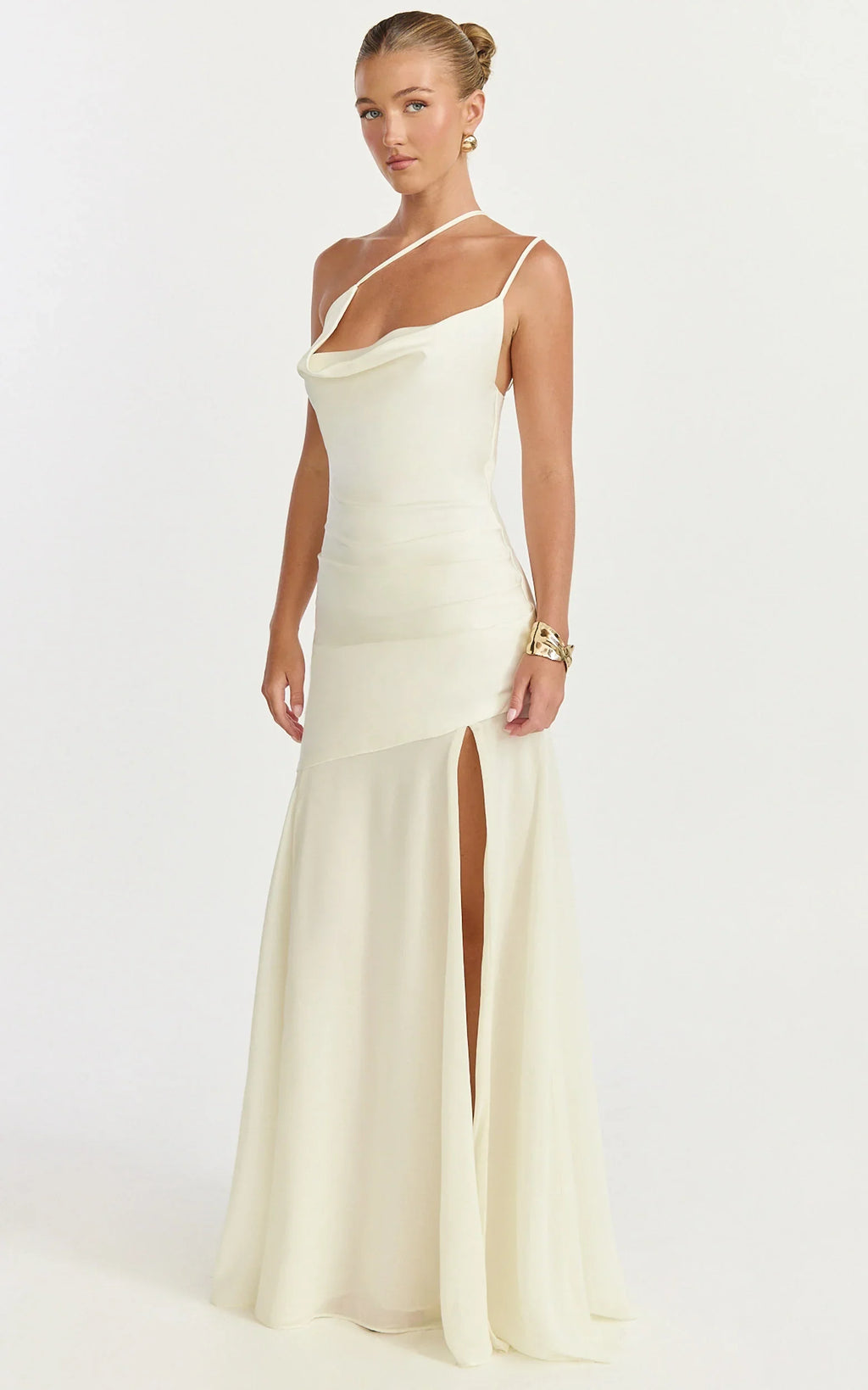 Flynn Maxi Dress - Asymmetric Neck Sheer Skirt Dress in Ivory