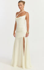 Flynn Maxi Dress - Asymmetric Neck Sheer Skirt Dress in Ivory