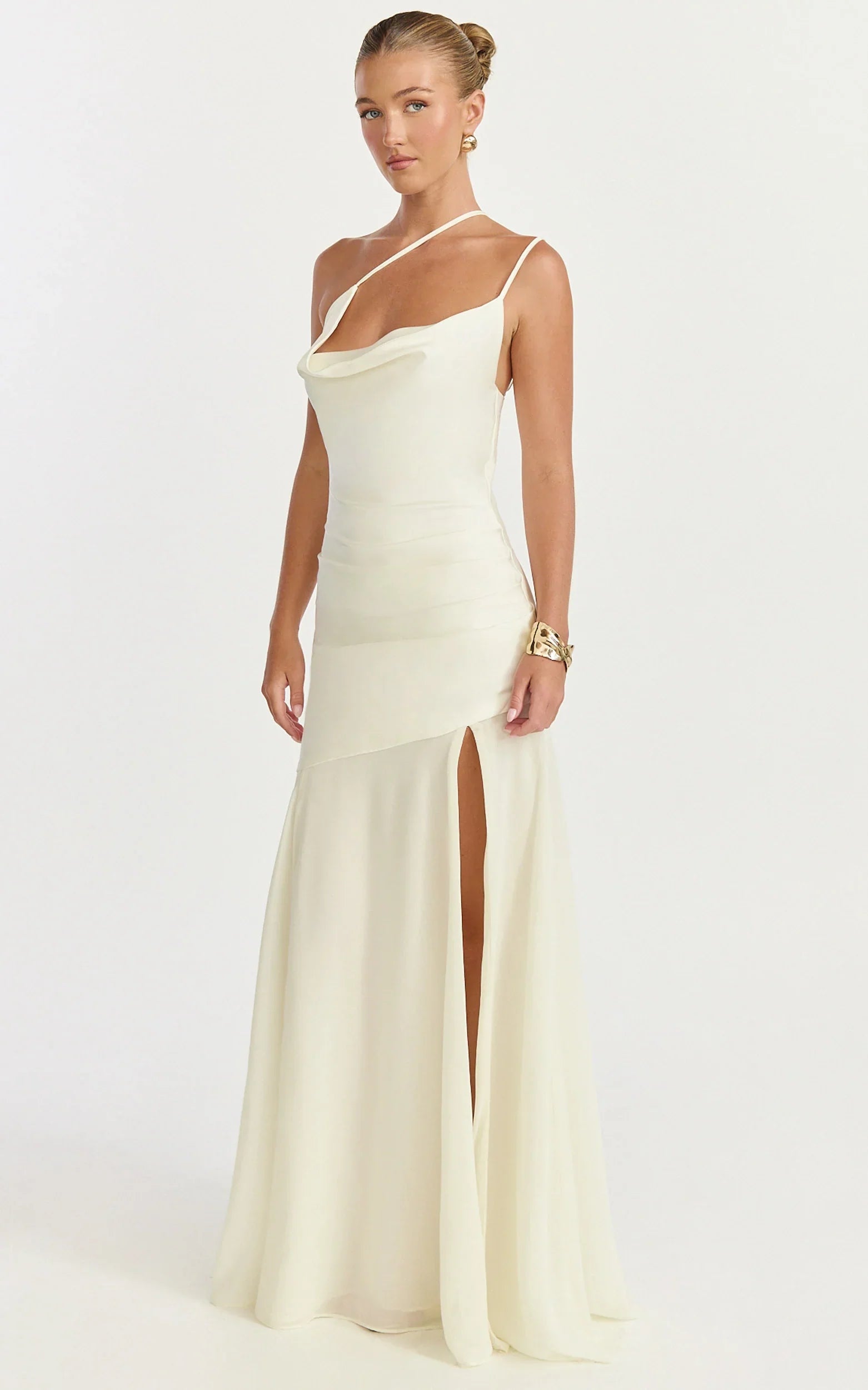 Flynn Maxi Dress - Asymmetric Neck Sheer Skirt Dress in Ivory