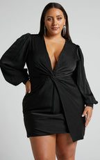 Billie Mini Dress - Twist Front Long Puff Sleeves Dress in Black