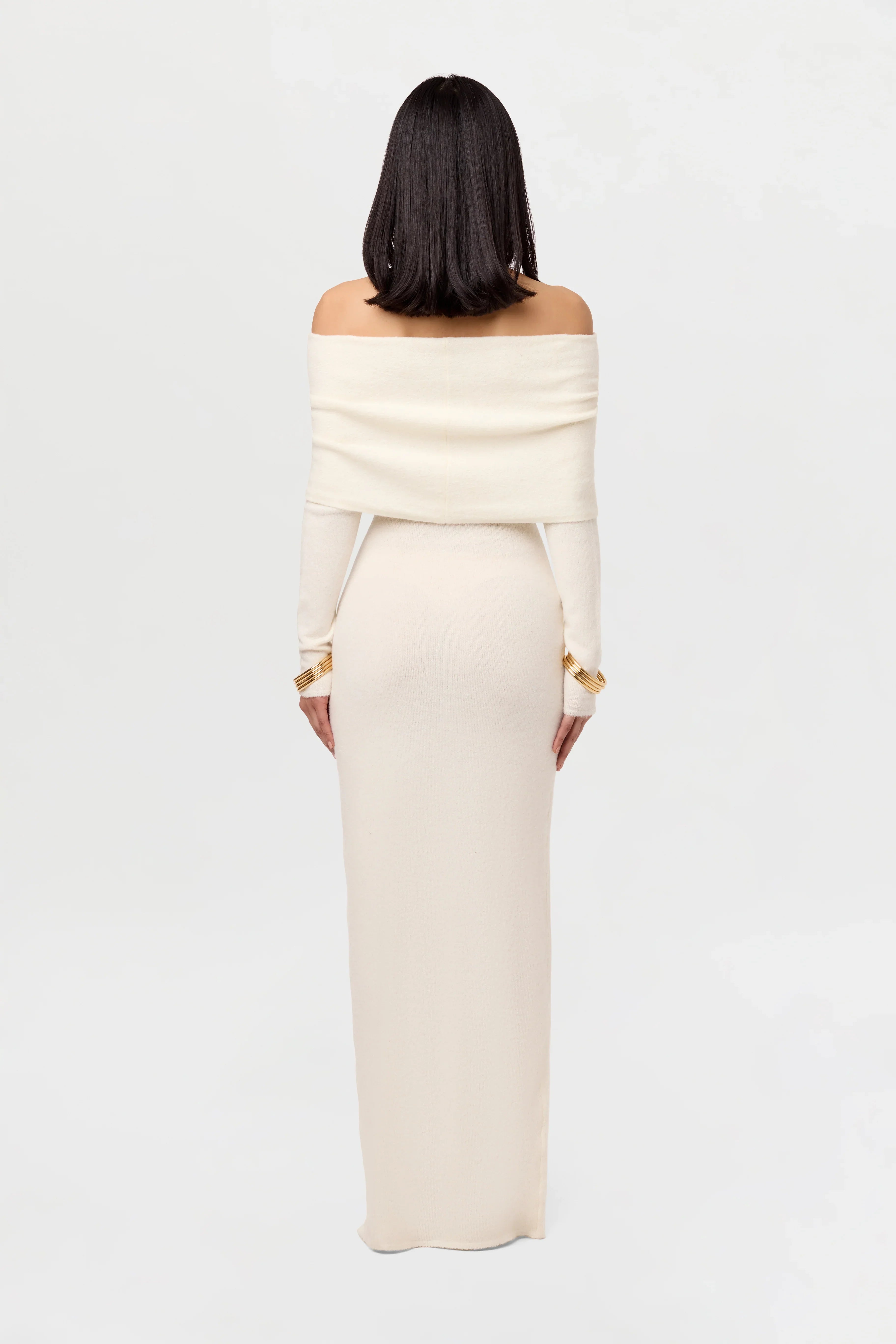 Boucle Knit Off-Shoulder Maxi Dress