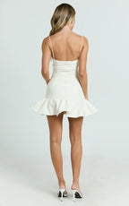 Sammie Mini Dress - Scoop Neck Hem Frill Fitted Dress in Off White