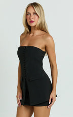 Monroe Two Piece Set - Strapless Button Down Longline Vest Top and High Waisted Mini Skirt in Black