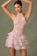 Embellished Ruffled Halterneck Mini Dress in Dusty Rose