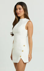 Langley Mini Dress - Sleeveless High Neck Faux Wrap Tulip Dress in Cream
