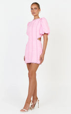 Laila Mini Linen Blend Dress - High Neck Side Cut Out Puff Sleeve Straight Dress in Pink