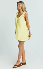 Lucinda Mini Dress - Deep U Gathered Neck Smock Dress in Lemon