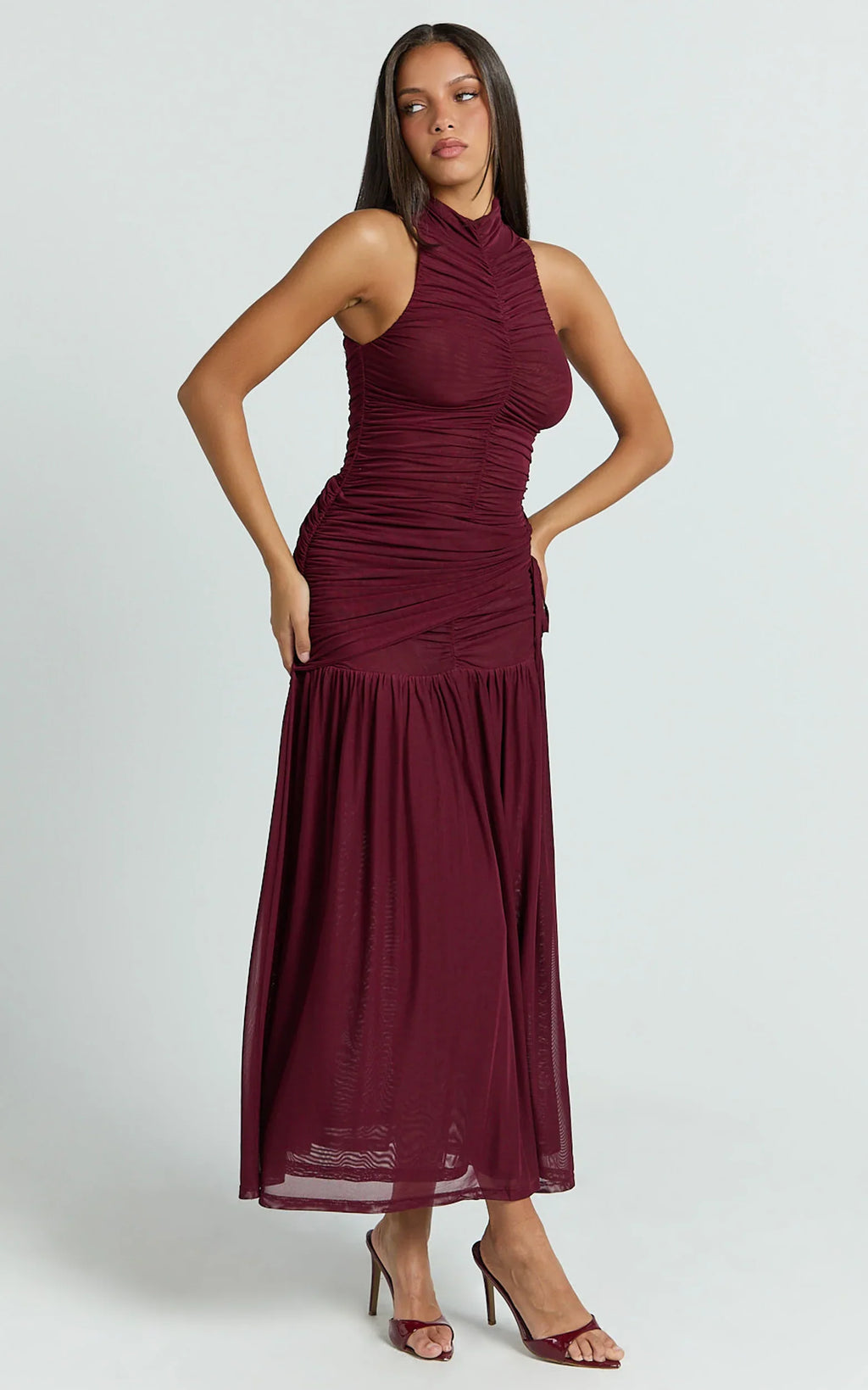 Metzie Midi Dress - High Neck Gathered Mesh Dress in Burgundy