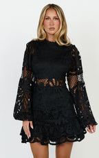 Kiss Me Now Mini Dress - Long Puff Sleeve Dress in Black Lace