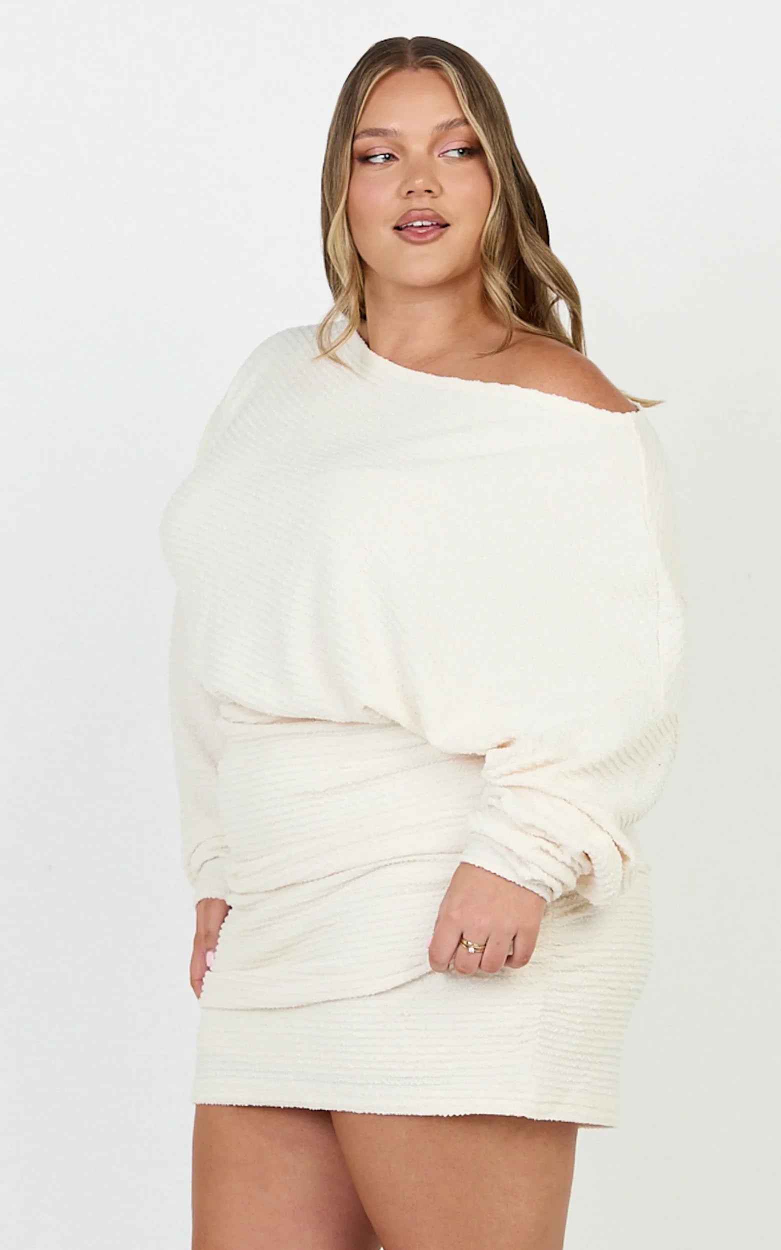 Alyce Mini Dress - Long Sleeve One Shoulder Dress in Off White