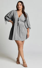 Rosita Mini Dress - Tie Front Puff Sleeve Dress in Black and White Check
