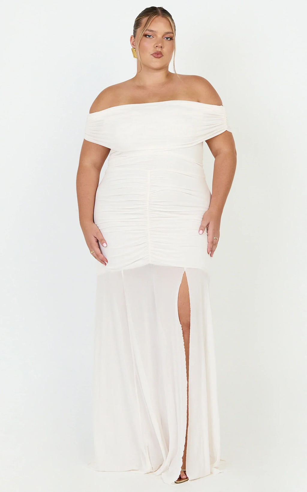 Alanna Maxi Dress - Off Shoulder Ruched Mesh Dress in Cream