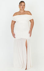 Alanna Maxi Dress - Off Shoulder Ruched Mesh Dress in Cream