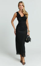 Nova Midi Dress - Lace Cowl Neck Tie Back Dress in Black