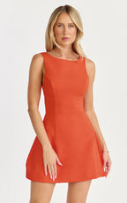 Freddie Mini Dress - Boat Neck Fit and Flare Dress in Orange