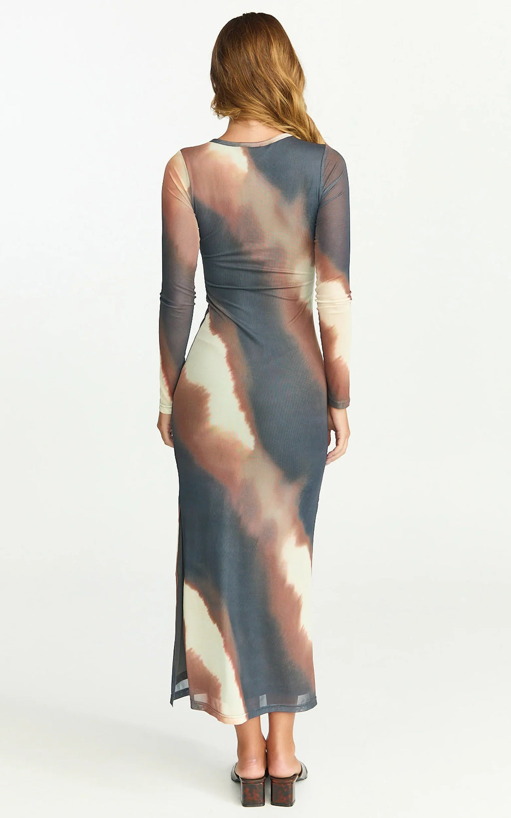Margot Midi Dress - High Neck Long Sleeve Mesh Dress in Rust Print